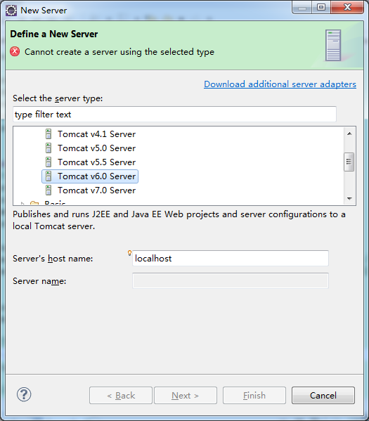 解决Eclipse配置Tomcat出现Cannot create a server using the selected type错误